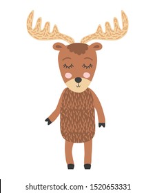 Cute moose flat hand drawn illustration. deer, reindeer. Woodland animal character. Elk clipart. Postcard, kids book design element