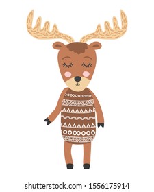 Cute moose flat hand drawn illustration. Woodland animal character. Elk clipart. Postcard, kids book design element