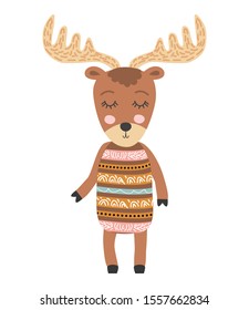 Cute moose flat hand drawn illustration. Woodland animal character. Elk clipart. Postcard, kids book design element