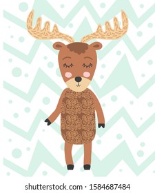 Cute moose flat hand drawn illustration. deer, reindeer. Woodland animal character. Postcard, kids book design element