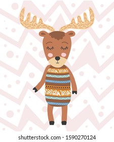 Cute moose flat hand drawn illustration. deer, reindeer. Woodland animal character. Postcard, kids book design element
