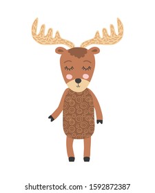Cute moose flat hand drawn illustration. Woodland animal character. Elk clipart. Postcard, kids book design element