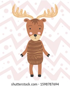 Cute moose flat hand drawn illustration. deer, reindeer. Woodland animal character. Postcard, kids book design element