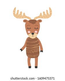 Cute moose flat hand drawn illustration. deer, reindeer. Woodland animal character. Elk clipart. Postcard, kids book design element