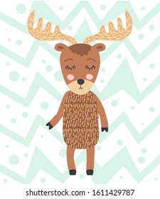 Cute moose flat hand drawn illustration. Woodland animal character. Elk clipart. Postcard, kids book design element