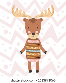 Cute moose flat hand drawn illustration. Woodland animal character. Elk clipart. Postcard, kids book design element