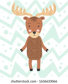 Cute moose flat hand drawn illustration. deer, reindeer. Woodland animal character. Postcard, kids book design element