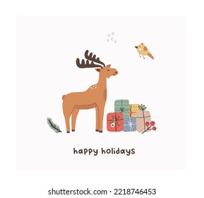Cute moose forest animal with bird and Christmas gifts. Hand drawn doodle drawing xmas childish vector illustration in flat style for kids t shirt, print card