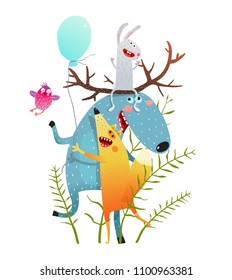 Cute Moose Fox Rabbit Bird Greeting Card. Funny happy friends holiday with balloon and flowers. Vector illustration.