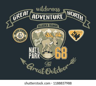 Cute moose great outdoor wilderness adventure, cartoon vector print with embroidery applique for shirt and children wear