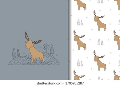 Cute moose hand drawn card and seamless pattern. Illustration for kids.