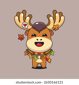 Cute moose holding autumn leaf decoration in autumn day cartoon vector illustration