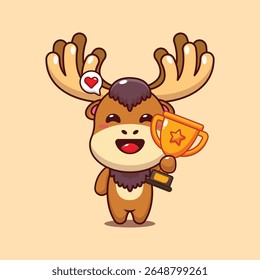 Cute moose holding gold trophy cup cartoon vector illustration