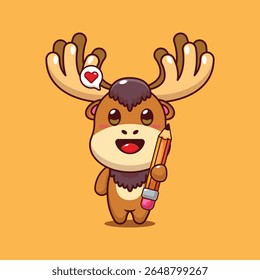 Cute moose holding pencil cartoon vector illustration