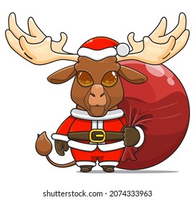 cute moose mascot, carrying red bundle bag and wearing santa claus costume, cute animal character wearing christmas costume, front view. kawaii and shiny style, perfect for christmas content