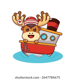 Cute moose mascot cartoon character illustration on the ship