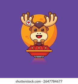Cute moose mascot cartoon character illustration fly with ufo