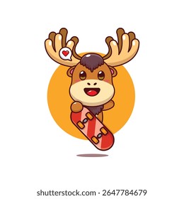 Cute moose mascot cartoon character illustration with skateboard