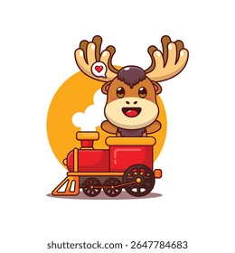 Cute moose mascot cartoon character illustration ride on train