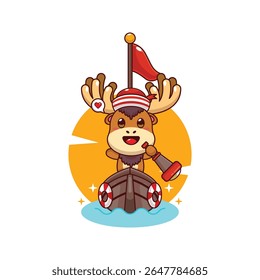 Ilustração de personagem de desenho animado de alce bonito mascote no barco