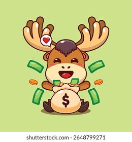 Cute moose with money bag cartoon vector illustration