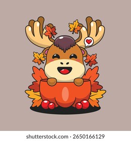 Cute moose in a pumpkin in autumn cartoon vector illustration