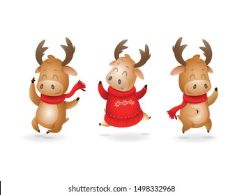 Cute Moose or Reindeer celebrate winter holidays happy expression - they jumping up - vector illustration isolated on transparent background