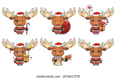 cute moose set, animal character bundles in santa costumes, animals wearing christmas costumes. cartoon in kawaii style, chibi mascot. very suitable for Christmas content. for adult or child