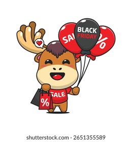 alce bonito com saco de compras e balão na sexta-feira preta venda desenho animado vetor ilustração