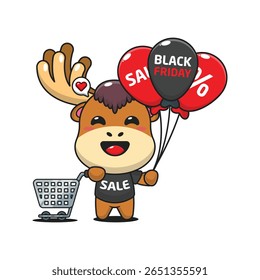 alce bonito com carrinho de compras e balão na sexta-feira preta venda desenho animado vetor ilustração
