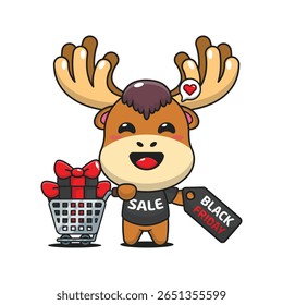 alce bonito com carrinho de compras e cupom de desconto preto sexta-feira venda desenho animado vetor ilustração