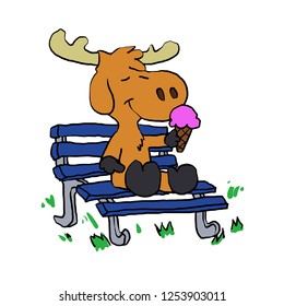 Cute moose sitting on a bench and eating ice cream 