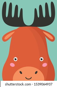 Cute moose snout flat vector illustration. Adorable wildlife forest elk muzzle cartoon colorful background. Close up wild animal head, face decorative backdrop. Childish zoo card design idea with deer