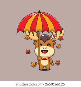 Alce bonito com guarda-chuva na ilustração do vetor do desenho animado do outono