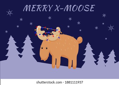 Cute moose vector illustration. Christmas card concept. Cartoon style. Flat color design.