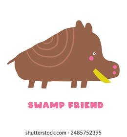 Cute morass, bog nature composition, postcard with funny hand drawn doodle boar, aper, pig, animal. Wild pond, swamp nature t shirt print, cover, template, banner, poster print objects