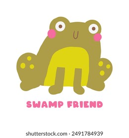 Cute morass, bog nature composition, postcard with funny hand drawn doodle happy toad, frog character icon. Wild pond, swamp nature t shirt print, cover, template, banner, poster print objects