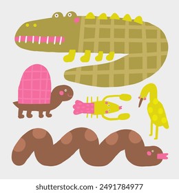 Cute morass, bog nature composition, postcard with funny hand drawn doodle crocodile, turtle, cancer, heron, snake. Wild pond, swamp nature t shirt print, cover, template, banner, poster print objects