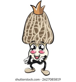 Cute Morchella mushroom vektor illustration mascot character crowned like a king while folding his arms calmly, work of hand drawn