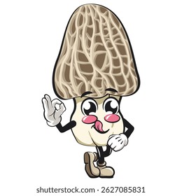 Cute Morchella mushroom vektor illustration mascot character greet by giving oke sign, work of hand drawn