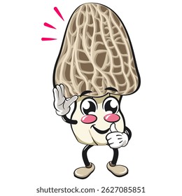 Cute Morchella mushroom vektor illustration mascot character wave hand and give a thumbs up sign, work of hand drawn
