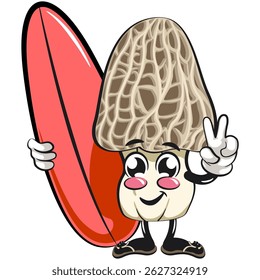 Cute Morchella mushroom vektor illustration mascot character with surfboard, work of hand drawn