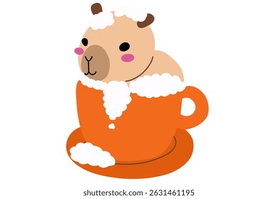 Capivara matinal bonito em mingau de café cappuccino. Personagem do desenho animado capybara. Impressão, joias, camisetas. Ilustração de vetor de estoque isolada em um fundo branco.