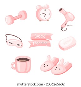 Cute morning routine stickers set in doodle style. Everyday self-care morning habits stickers in pink color. Sleep mask, ribbon, soap, slippers, hairdryer, alarm clock, dumbbell and coffee mug.