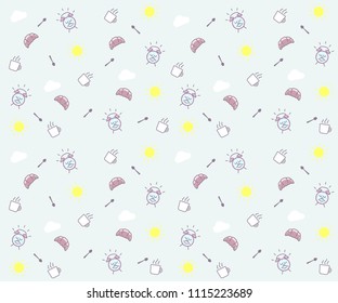 Cute morning seamless pattern background. Vector wallpaper illustration with clouds, the sun, breakfast elements like mug and croissant, spoon, alarm clock happy character smiling.