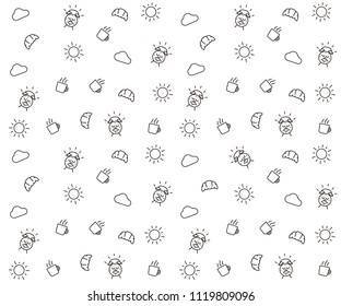 Cute morning seamless pattern background. Vector wallpaper illustration with clouds, the sun, breakfast elements like mug and croissant, alarm clock happy character smiling.