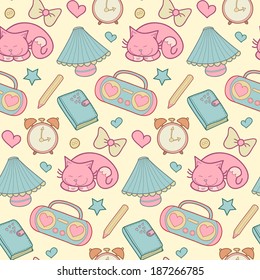 Cute morning vector seamless pattern with alarm clock, tape recorder, heart, star, bow, cat, lamp,pencil and diary.  Vintage set of house items. Sweet home elements