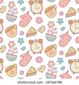 Cute morning vector seamless pattern with alarm clock, heart, star, flower, potholder, pie, cup. Kitchen cooking background. Sweet home elements