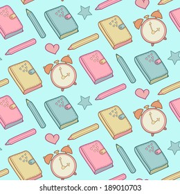 Cute morning vector seamless pattern with star, heart, pencil, notebook and alarm clock. Study school elements background