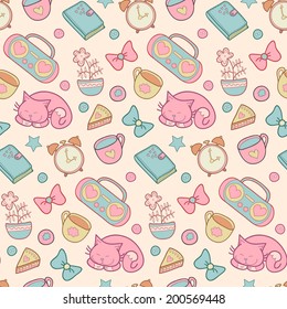 Cute morning vector seamless pattern with alarm clock, tape recorder, heart, star, bow, cat, cup, flower and diary. Vintage set of house items. Sweet home elements